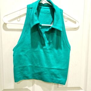 Athleta Aurora Cropped Ribbed Teal Sleeveless Collared Women's Top Sz SMALL
